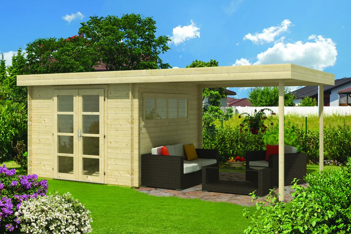 Blokhut - Tuinhuis 28mm Dellinger met overkapping